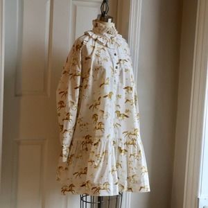 GANNI Cotton Ruffle-neck Horse Print Poplin Dress